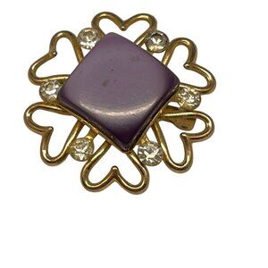 Vintage Gold Tone Brooch With Purple Center & Rhinestone Accents